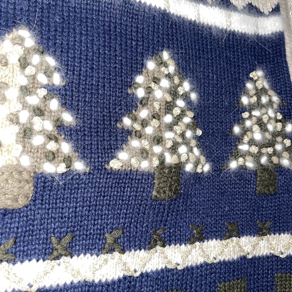 VTG Chelsea Campbell Charter Club Christmas Tree Sweater Cardigan Blue Tan Med - Picture 3 of 8